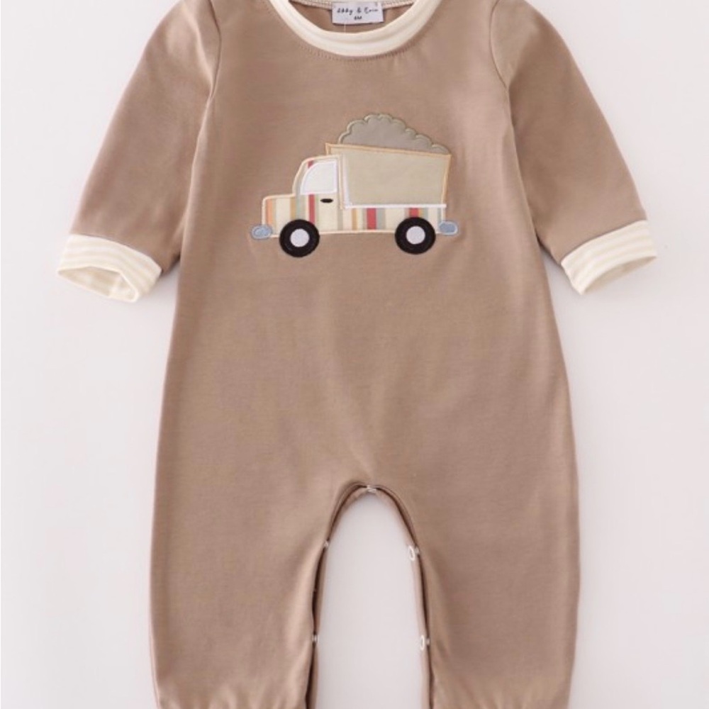 Khaki Baby One Piece Romper with Truck Applique